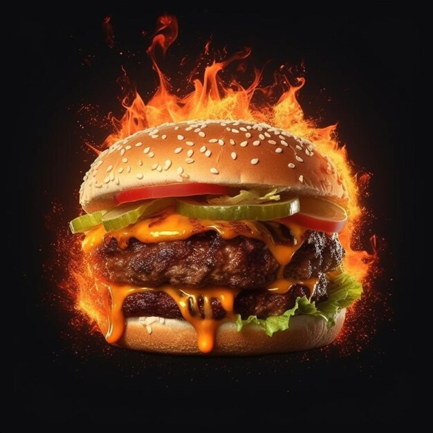 Cheeseburger auf einem Holztisch mit Feuer im Hintergrund