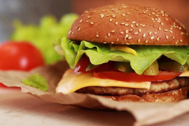 Cheeseburger auf einer Papierserviette Nahaufnahme Burger mit Hähnchenkotelett, geschmolzenem Käsesalat und Gemüse