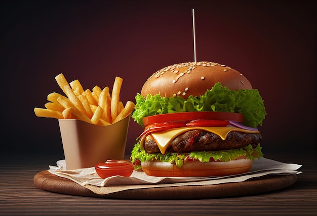 Cheeseburger Cheeseburger americano com batatas fritas douradas em uma mesa de madeira