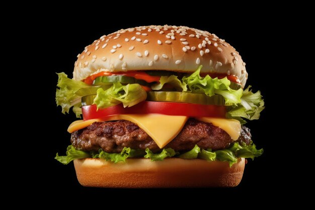Cheeseburger clásico con carne, queso, tocino, tomate, cebolla y lechuga aislados sobre un fondo negro