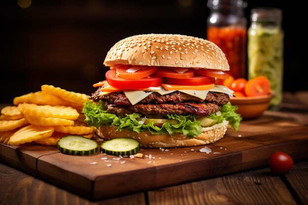 Cheeseburger clásico con lechuga, tomate y pepinillos