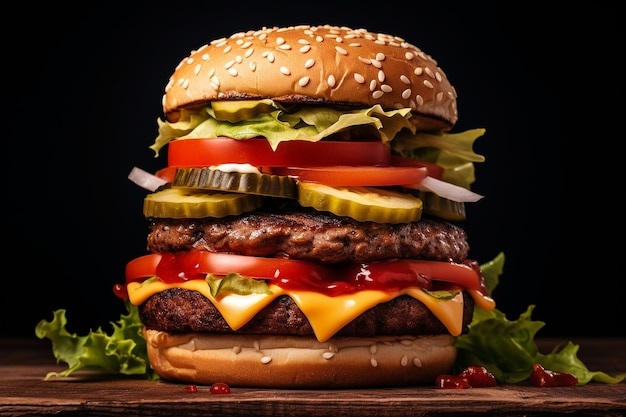 Foto cheeseburger clásico con lechuga, tomate y pepinillos