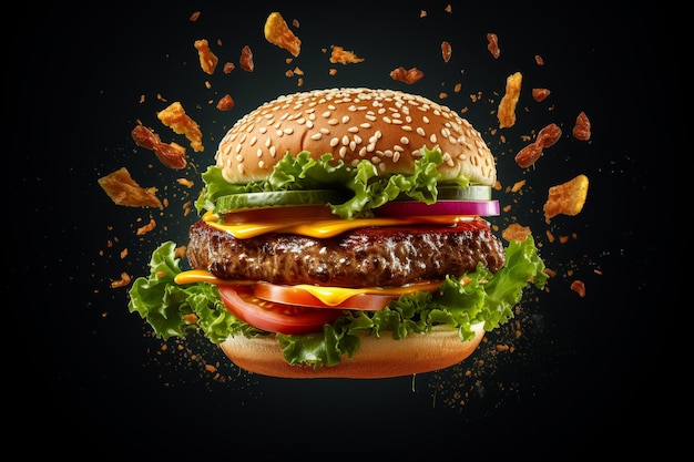Cheeseburger clássico com hambúrguer de carne, picles, queijo, tomate, cebola, alface e ketchup, mostarda é