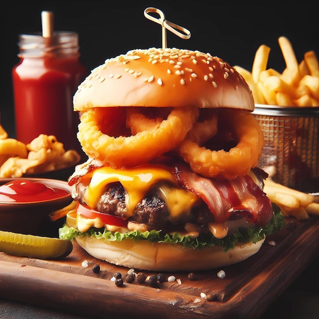 Cheeseburger clássico com rodelas de cebola e batatas fritas