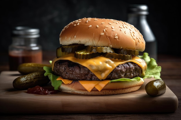 Cheeseburger clássico perfeitamente grelhado e temperado com picles e ketchup