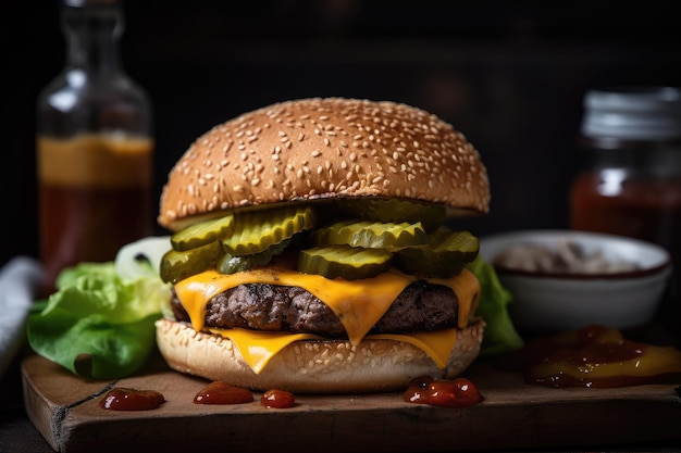 Cheeseburger clássico perfeitamente grelhado e temperado com picles e ketchup