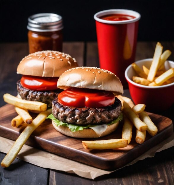 Cheeseburger com batatas fritas e ketchup.