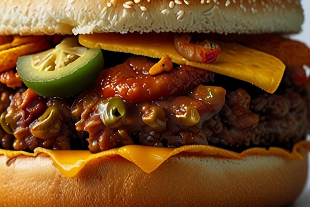 Foto cheeseburger com chili com jalapenos e fritos