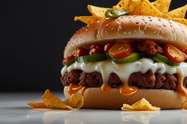 Foto cheeseburger com chili com jalapenos e fritos