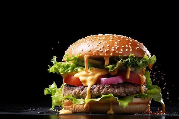 Cheeseburger com queijo tomate cebola e alface em fundo preto Cartaz para menu de fast food Generative ai