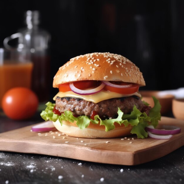 Cheeseburger com rissóis de carne suculentos fatias de queijo americano derretido alface tomate e molho especial de cebola em um pão de gergelim