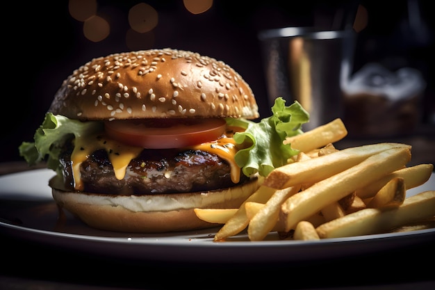 Cheeseburger com um saboroso bife de costeleta e legumes Generative AI 1