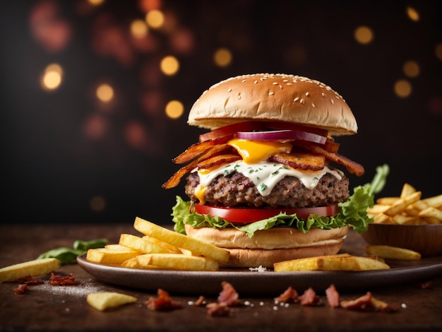 Cheeseburger de bacon com batatas fritas em iluminação de estúdio cinematográfico e fotografia de fundo de comida