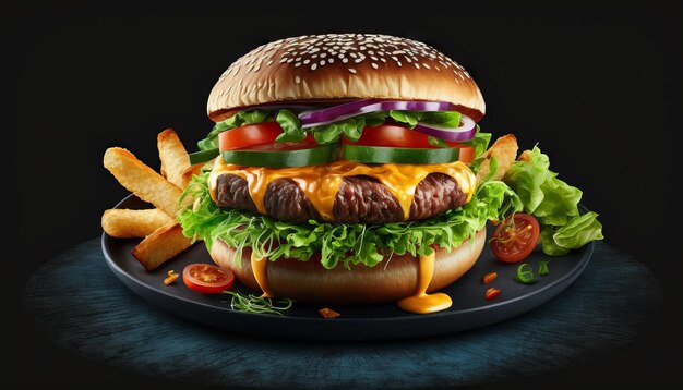 Cheeseburger de carne saborosa vista frontal com batatas fritas em fundo escuro Generative ai