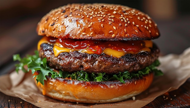 cheeseburger duplo com alface tomate cebola e queijo americano derretido com vista panorâmica