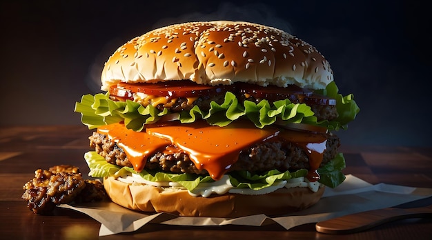 Cheeseburger duplo com legumes grelhados Tomate Alface Folha entre pães de hambúrguer na placa de madeira