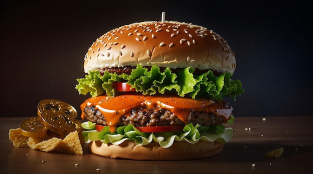 Cheeseburger duplo com legumes grelhados Tomate Alface Folha entre pães de hambúrguer na placa de madeira