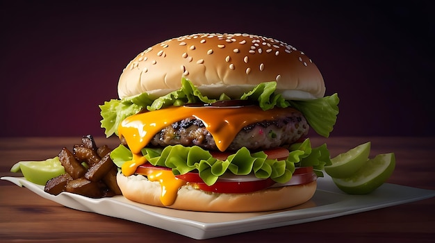 Cheeseburger duplo com legumes grelhados Tomate Alface Folha entre pães de hambúrguer na placa de madeira