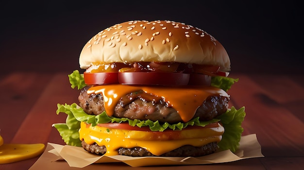 Cheeseburger duplo com legumes grelhados Tomate Alface Folha entre pães de hambúrguer na placa de madeira