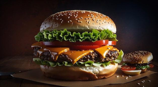 Cheeseburger duplo com legumes grelhados Tomate Alface Folha entre pães de hambúrguer na placa de madeira