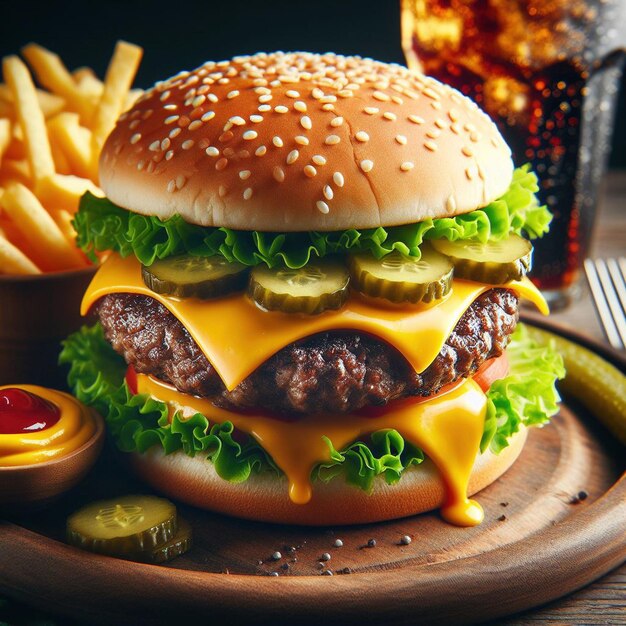 Cheeseburger e batatas fritas e Pepsi.