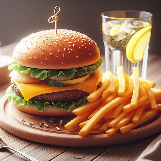 cheeseburger e batatas fritas na mesa de madeira