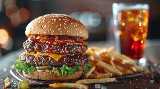 Foto cheeseburger e batatas fritas na mesa