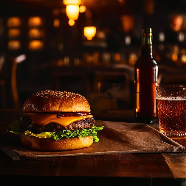 Cheeseburger gourmet em uma mesa rústica em um restaurante de taverna mal iluminado ao fundo