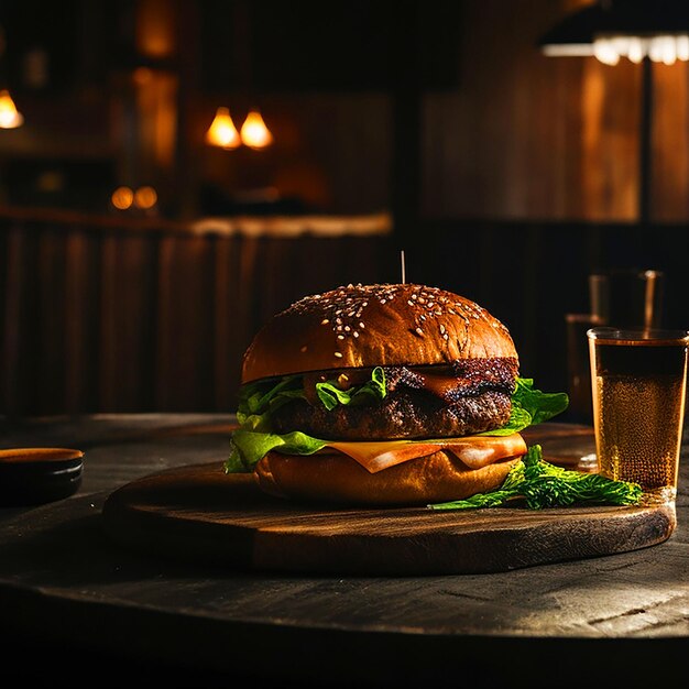 Cheeseburger gourmet em uma mesa rústica em um restaurante de taverna mal iluminado ao fundo