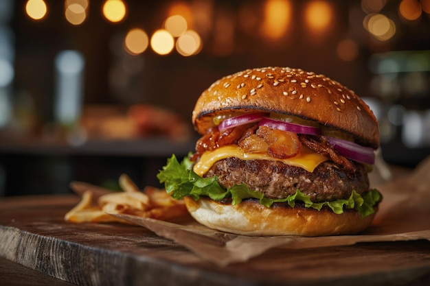 Cheeseburger gourmet em uma placa de madeira contra o fundo interior do restaurante desfocado