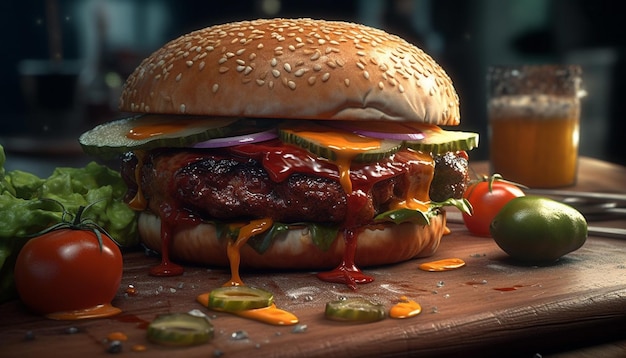 Cheeseburger gourmet grelhado com tomate fresco e cebola no pão de gergelim gerado por inteligência artificial