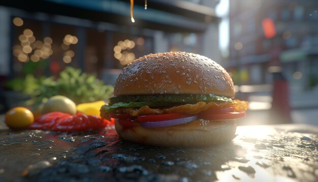 Foto cheeseburger gourmet grelhado em mesa de madeira fresco e delicioso gerado por inteligência artificial