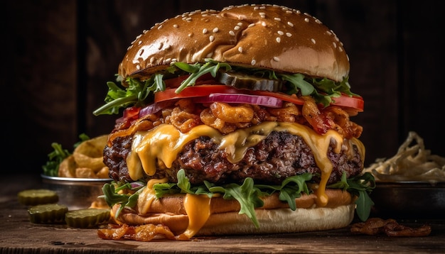 Cheeseburger gourmet grelhado em pão de ciabatta rústico gerado por IA