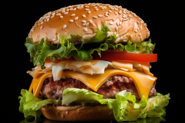 Cheeseburger grelhado com queijo e alface entre bolinhos de hambúrguer