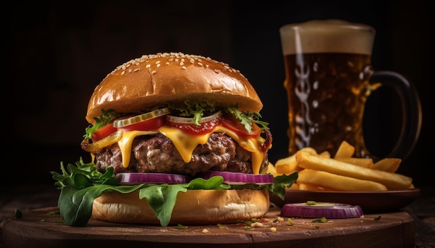 Cheeseburger grelhado e batatas fritas Fast food americano gerado por IA