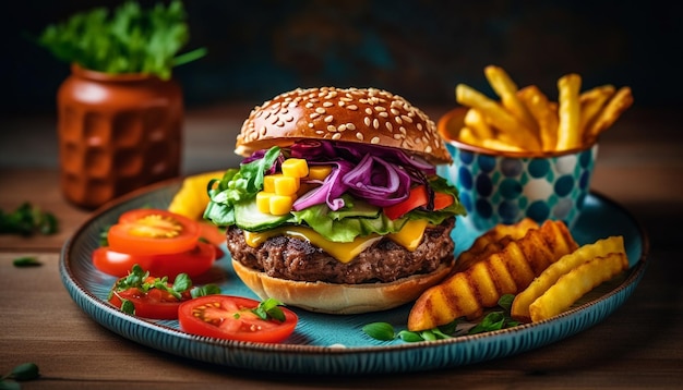 Cheeseburger grelhado e batatas fritas, uma refeição americana clássica gerada por IA