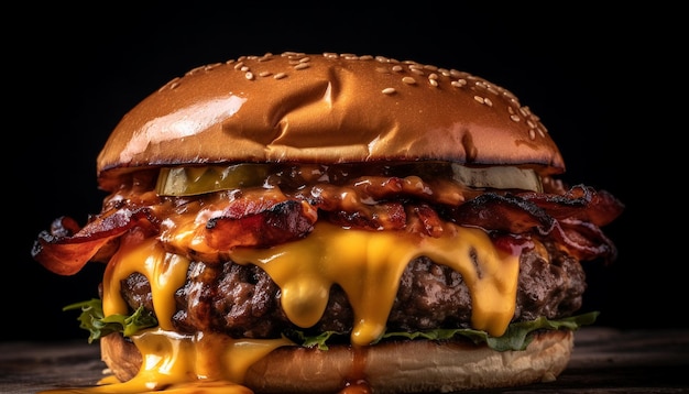 Cheeseburger grelhado em pão com batatas fritas geradas por IA