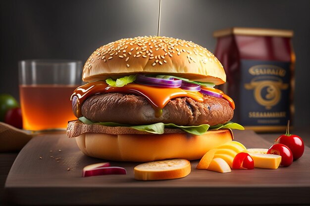 Cheeseburger grelhado no pão de gergelim com batatas fritas geradas por AIGenerated