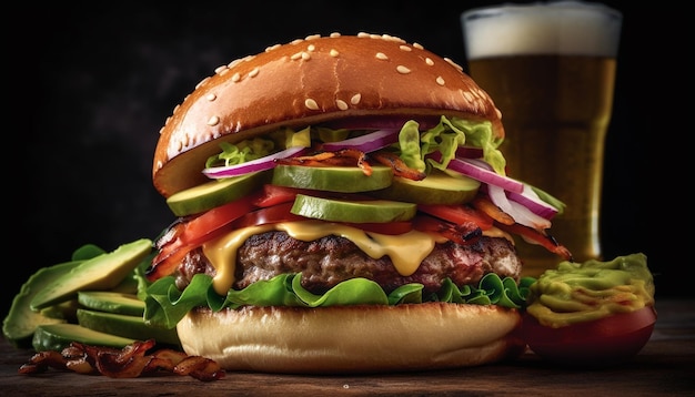 Cheeseburger grelhado no pão de gergelim com batatas fritas geradas por IA