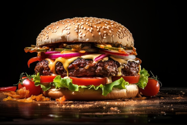 Cheeseburger grelhado no pão de gergelim com cobertura fresca