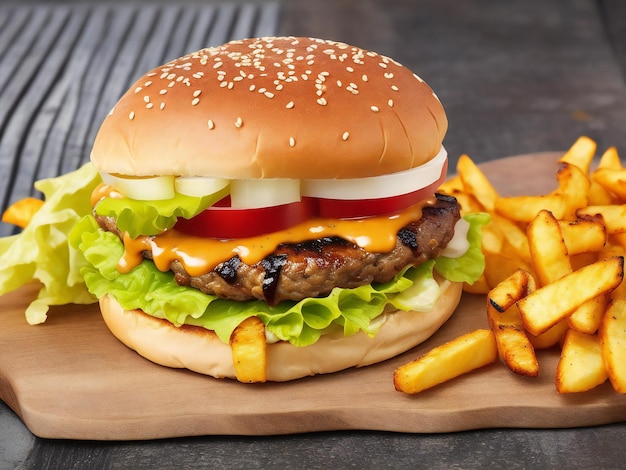 Cheeseburger grelhado no pão rústico com batatas fritas geradas