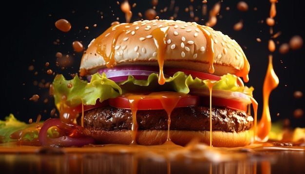 Cheeseburger grelhado, pão de cebola, lanche não saudável, gerado por inteligência artificial.
