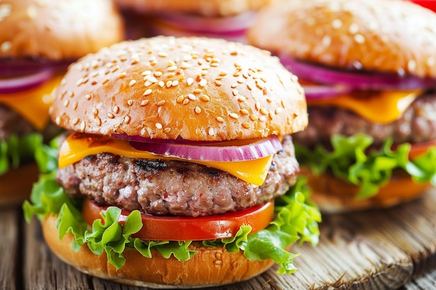 Cheeseburger hambúrguer de queijo americano com salada fresca em fundo preto