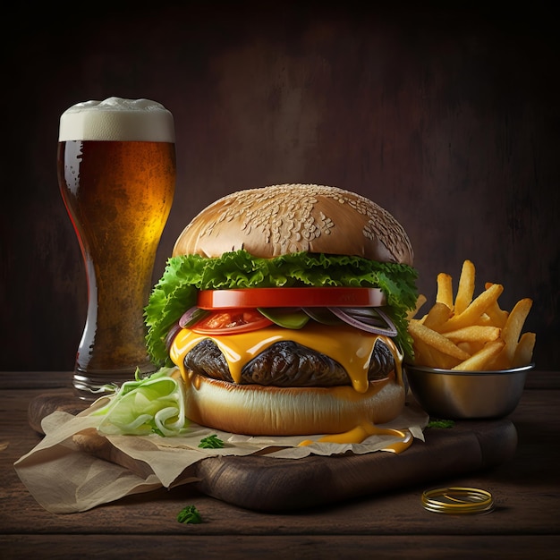 Cheeseburger-Klassiker mit Pommes und Bier