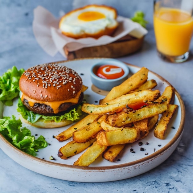 Cheeseburger mit Ei und Pommes frites