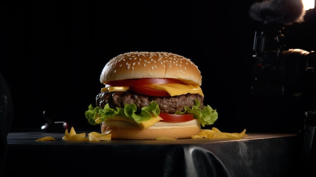 Cheeseburger mit Fleischgemüse und Käsefotografie Studiobeleuchtung Schwarzer Hintergrund