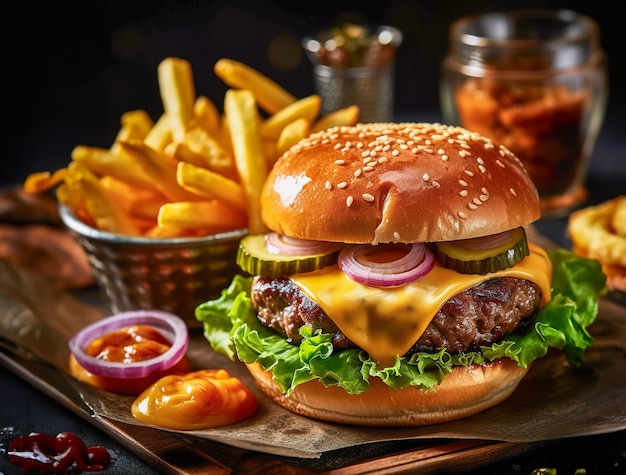 Cheeseburger mit Pommes Frites auf Holzbrett