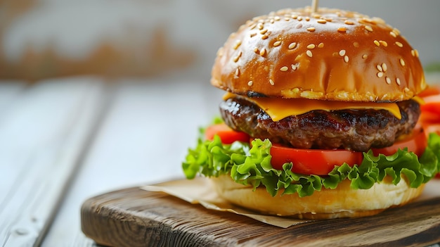 Cheeseburger mit Tomaten und Salat auf einem weißen Holztisch