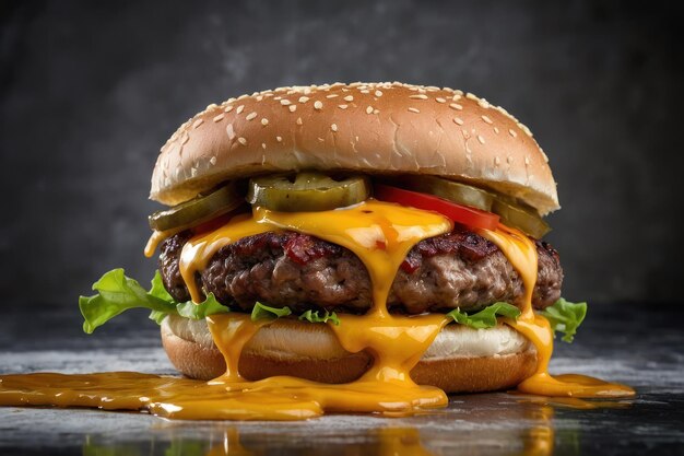 Cheeseburger con queso goteante y salsa