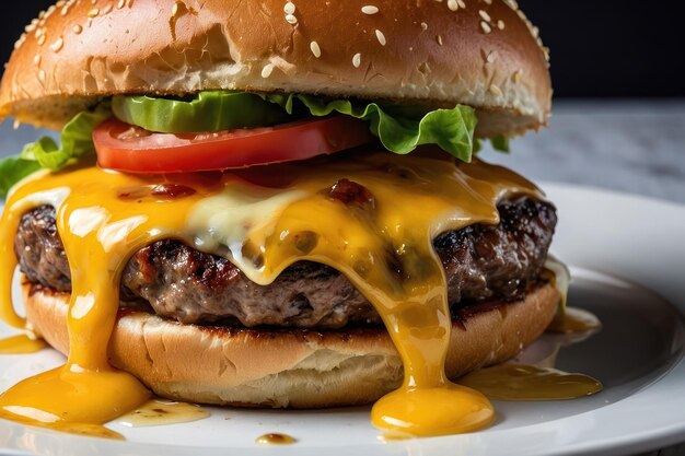 Foto cheeseburger con queso goteante y salsa